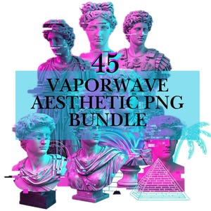 May include: A digital art bundle featuring a vaporwave aesthetic. The image showcases several classical busts with a glitch effect, rendered in vibrant pink and teal hues. Text overlay reads "45 VAPORWAVE AESTHETIC PNG BUNDLE". A pyramid and palm tree are also included.