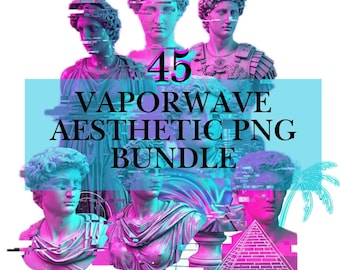 Vaporwave png-bundel, 45 transparante POD-afbeeldingen, retro synthwave-graphics, digitale Y2K-ontwerpen