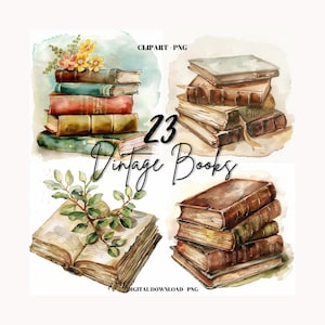 Vintage Watercolor Book Clipart, 23 Vintage Book PNG Images, Watercolor Clipart Books, Commercial Use, Unique Images, Vintage PNG