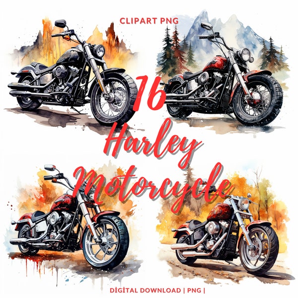 Watercolor Motorcycle Clipart: 16 PNG Images (Commercial Use)