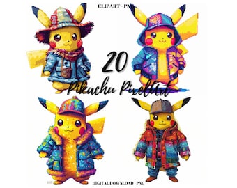 Pikachu Pixel Art PNG Bundle, Cartoon Pixel Images (Digital Download)