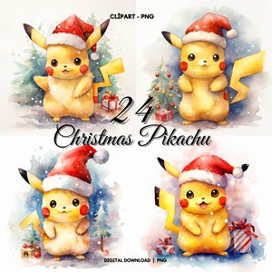 Clipart Noël Pikachu aquarelle : images PNG festives (téléchargement numérique)