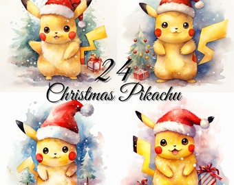 Christmas Pikachu Watercolor Clipart: Festive PNG Images (Digital Download)