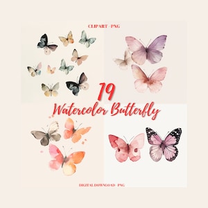 Clipart de borboleta PNG, pacote de imagens em aquarela de 19 borboletas, clipart mínimo de borboleta, PNG macio de borboletas, artesanato em papel digital
