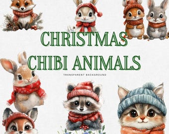 Weihnachten Chibi Tier Clipart: 20 Urlaub PNG Designs (Digitaler Download)