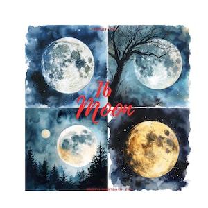 Watercolor Moon Clipart PNG: Lunar Images, Commercial Use (Digital Download)