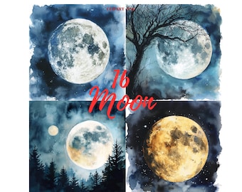 Moon Png Clipart: 16 Watercolor Lunar Images, Commercial Use (Digital Download)