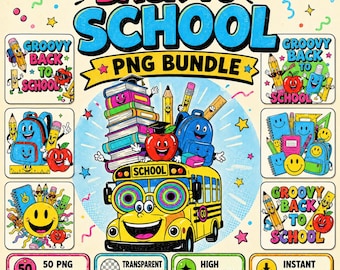 Back to School PNG-bundel, retro schoolclipart voor sublimatie, shirts en stickers