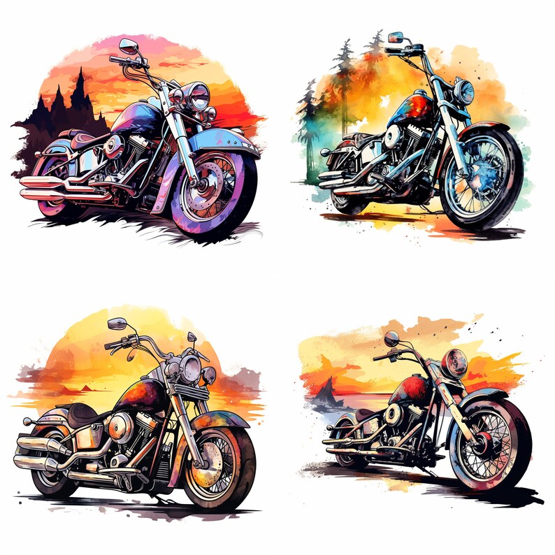 May include: Four watercolor illustrations of classic motorcycles with sunset backgrounds. Each motorcycle is a different color and has a unique design.