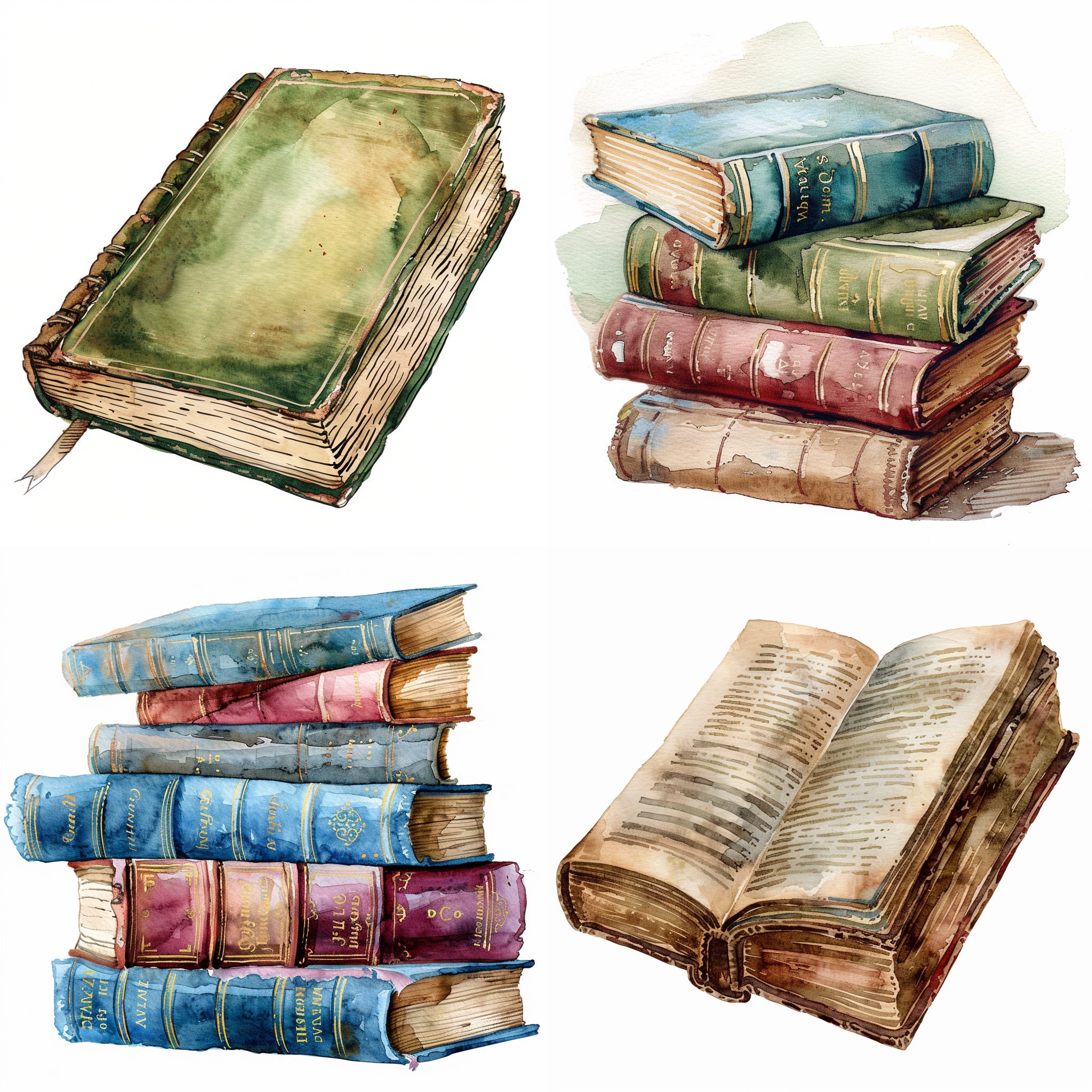 Vintage Watercolor Book Clipart, 23 Vintage Book PNG Images, Watercolor
