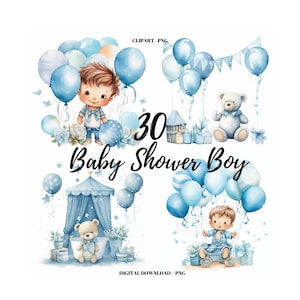 Babyshower aquarel clipart png, bundel 30 babyshower jongen afbeeldingen, schattige kinderen graphics, instant digitale download, commercieel gebruik