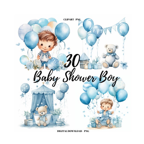 Baby Shower Watercolor Clipart PNG, 30 Baby Shower Boy Images Bundle, Cute Children Graphics, Instant Digital Download, Commercial Use