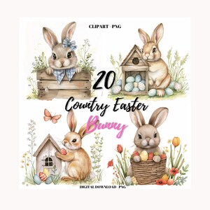 Country Farmhouse Páscoa Aquarela Clipart Pacote PNG, Coelho Aquarela Clipart, Uso Comercial, Junk Journal Images