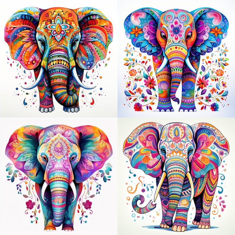 Peut inclure: Quatre illustrations color&eacute;es d'&eacute;l&eacute;phants avec des motifs complexes et des motifs floraux. Chaque &eacute;l&eacute;phant est repr&eacute;sent&eacute; dans un sch&eacute;ma de couleurs vives, avec une combinaison unique de couleurs et de motifs.