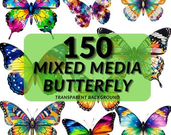 Mixed Media Butterfly Clipart Bundle, 150 Painterly Butterfly PNG, Vintage Collage Butterflies, Transparent Background