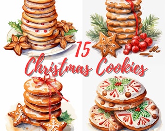 Watercolor Christmas Cookies Clipart: 15 PNG Images (Digital Download)