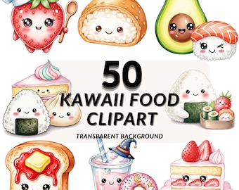 Kawaii Food Clipart PNG Bundle, 50 Pastel Food Characters, Transparent Background