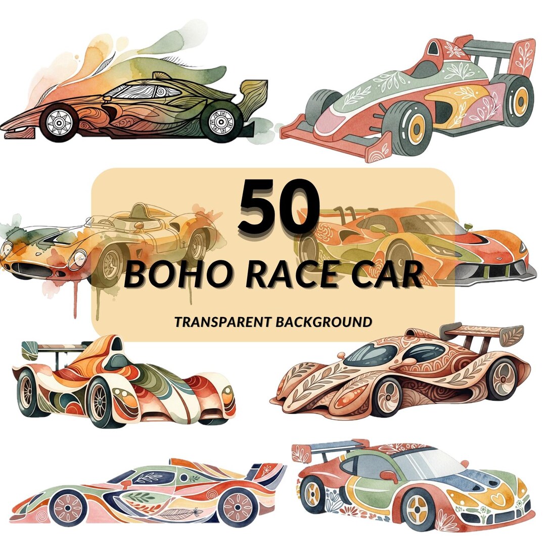 Boho Racing Flags Racing Car Clipart PNG Bundle, 50 Boho Formula Style Cars, Retro ...