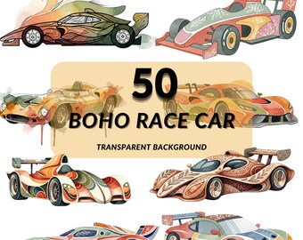 Racing Car Clipart PNG Bundle, 50 Boho Formula Style Cars, Retro Motorsport, Transparent Background