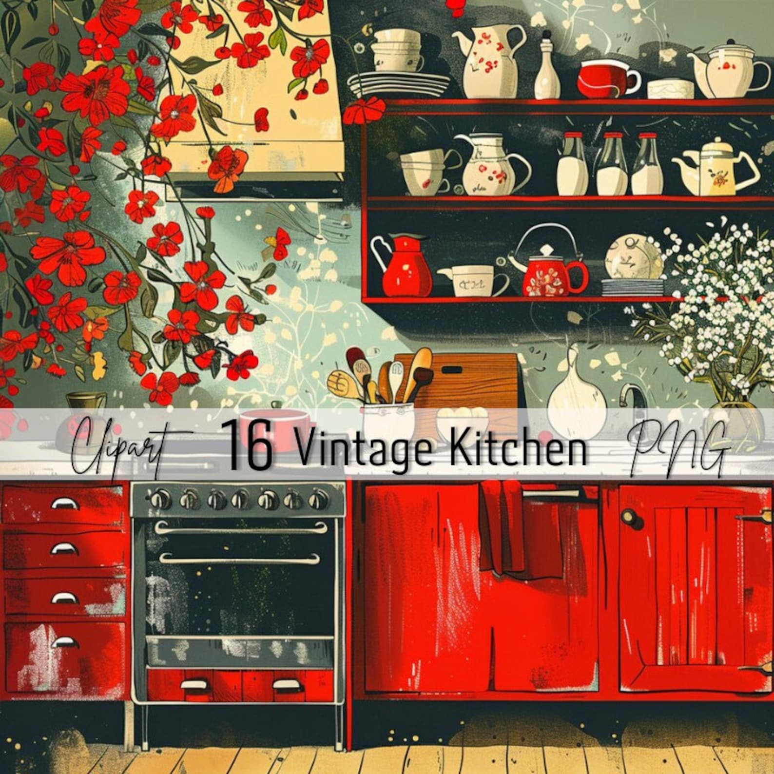 Red Kitchen Clipart: 16 Vintage PNG Images (300 DPI) - Etsy