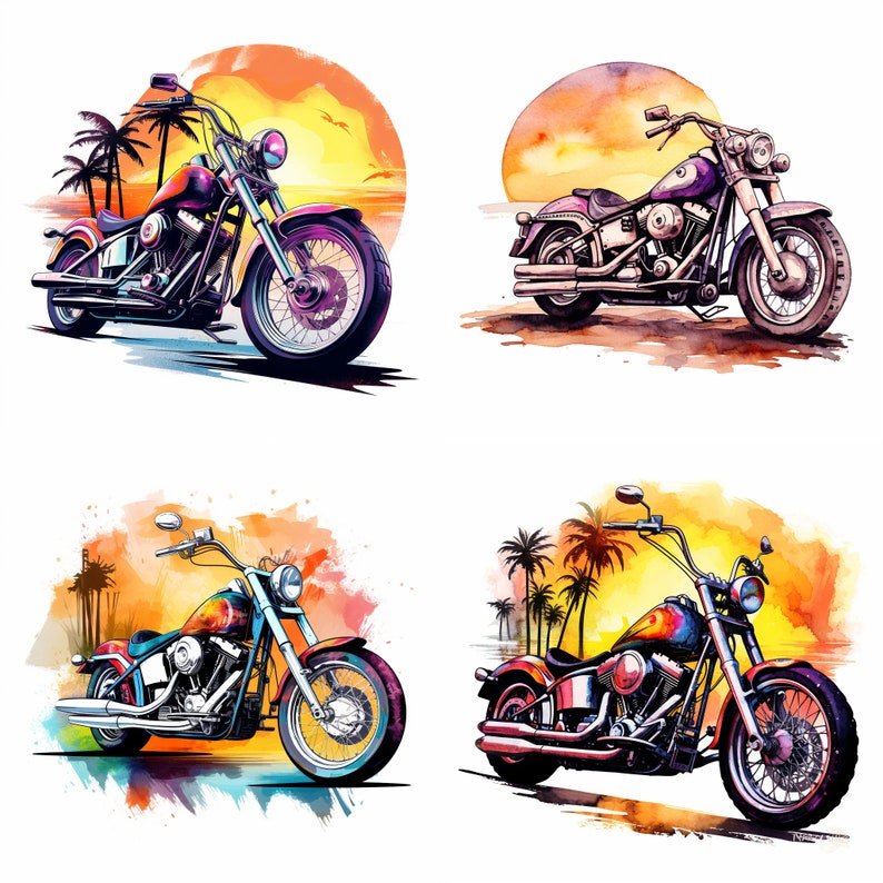 May include: Four watercolor illustrations of vintage motorcycles with palm trees and sunset backgrounds. Each motorcycle is a different color and has a unique design.