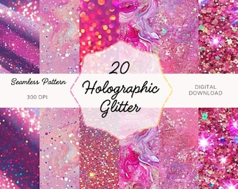 May include: A digital download graphic featuring 20 seamless holographic glitter patterns in shades of pink and purple. The image includes text that reads "20 Holographic Glitter" and "Digital Download."