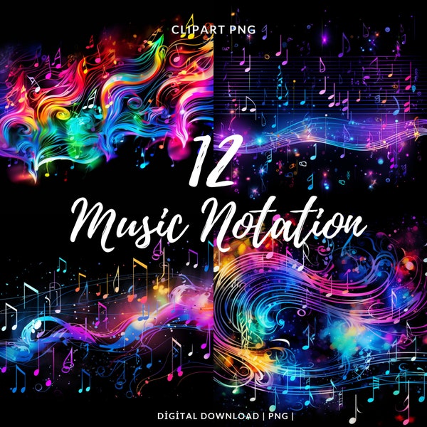 12 Notation musicale Neon Clipart PNG, Note de musique colorée, Téléchargement instantané, Utilisation commerciale, Néon, Notes Clipart, Fond noir