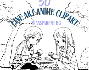 50 anime line art clipart-bundel: manga kawaii-illustraties (digitale png-/svg-download