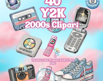 Y2K Clipart PNG Bundle, 40 Retro 2000s PNG, Transparent Background