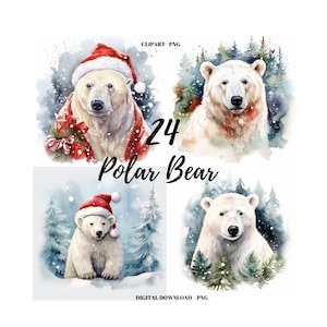 Polar Bear PNG Clipart, 24 Xmas Polar Bear Images Bundle, Merry Christmas Bear Clipart, Card Making, Digital Paper Craft