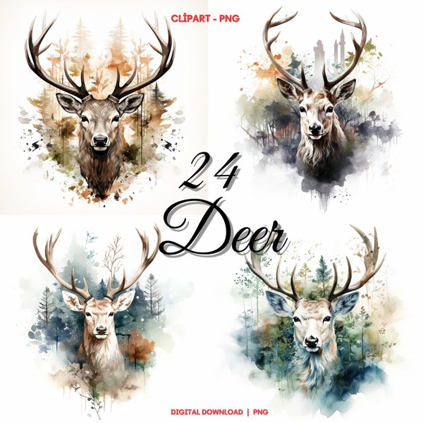 Deer Clipart PNG, 24 Watercolor Deer PNG, Animal Bundle, Deer Clipart, Cute Deer PNG, Card Making, Digital Crafts, Deer Images Bundle