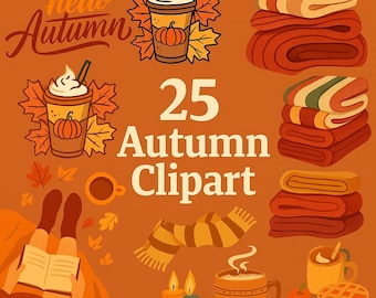 May include: An orange background with the words "hello Autumn" in cursive. The image features 25 autumn-themed clipart elements, including coffee cups, blankets, a scarf, candles, and a person reading a book.