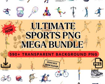 Mega Sports PNG Bundle, 590+ Watercolor Athletic Clipart, Transparent Background, Commercial Use Graphics