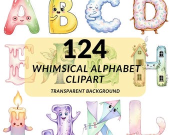 Whimsical Alphabet Clipart Bundle, Doodle Letters A-Z, Kids Learning Graphics, Transparent Background, Commercial Use
