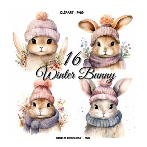 Conejito Clipart PNG, 16 Conejo de acuarela de invierno PNG, Paquete de animales, Conejito Clipart, Conejito con sombrero PNG, Paquete de imágenes prediseñadas de conejito de invierno con sombrero