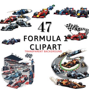 May include: A collection of 47 Formula 1 clipart images. The images feature various race cars in different colors, including red, blue, and orange. Some images show race cars on a track, and others show a checkered flag.