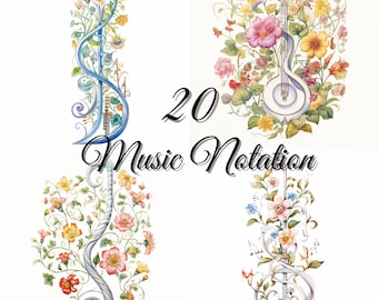 Floral Music Notation Clipart: 20 PNG Bundle (Commercial Use)