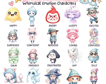 Whimsical Emotions Clipart Bundle PNG, 200 Doodle Characters, Kids Feelings Graphics, Transparent Background