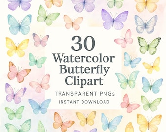 30 Watercolor Butterfly Clipart, Pastel PNG Transparent Background