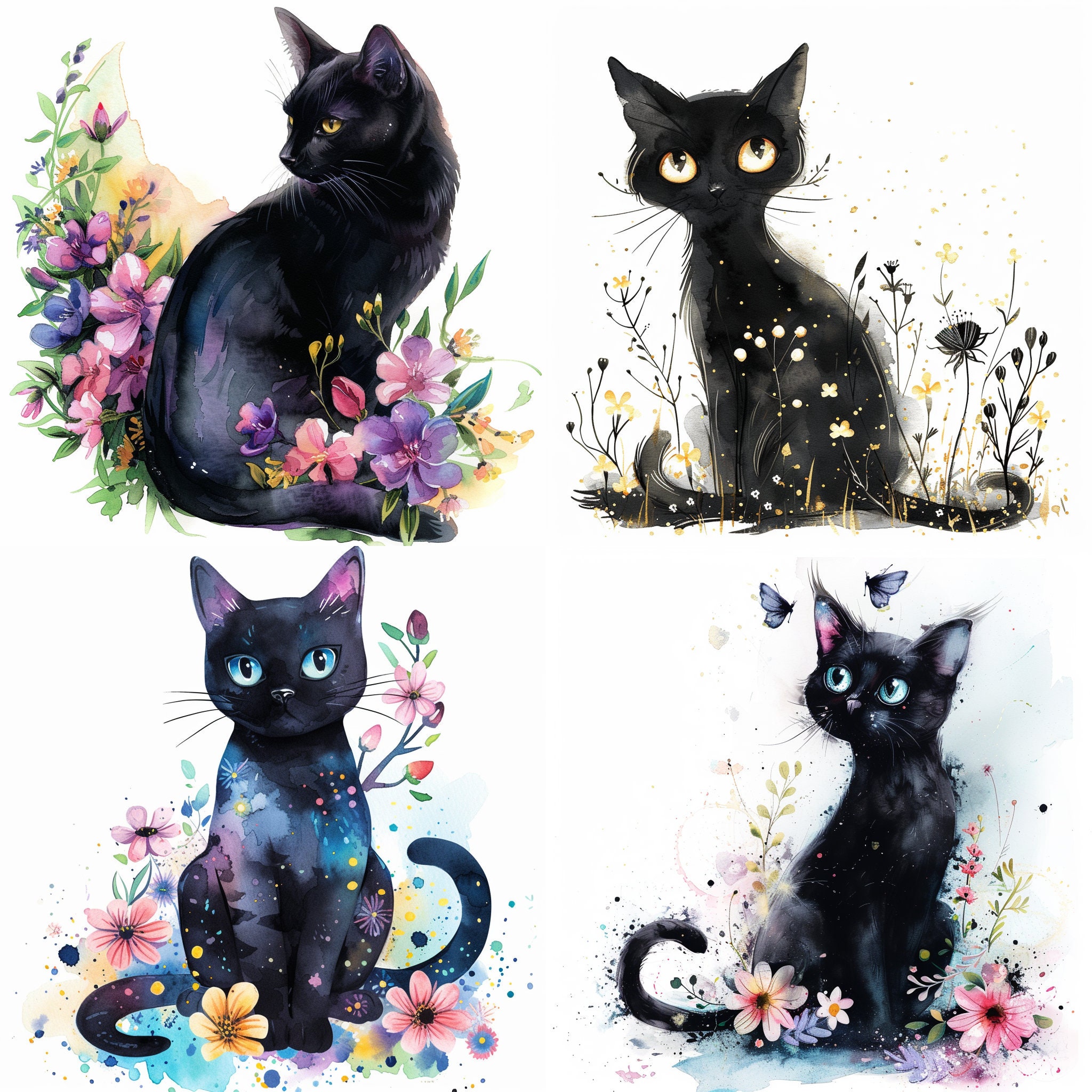 Black Cats Clipart Png, Watercolor Fantasy Black Cat Images Bundle ...