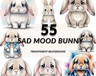 Sad Bunny Clipart PNG Bundle, 55 Moody Rabbits, Kawaii Emotional Clipart, Transparent Background
