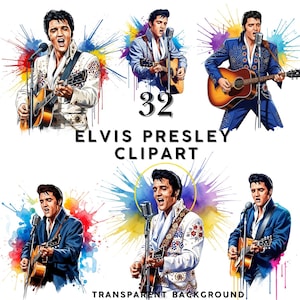 May include: A collection of 32 Elvis Presley clipart images. Each image features Elvis in various outfits, singing and playing a guitar, set against colorful watercolor splash backgrounds. The text "ELVIS PRESLEY CLIPART" and "TRANSPARENT BACKGROUND" are also included.