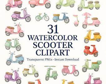 Paquete de imágenes prediseñadas de scooters en acuarela: ciclomotores retro y vespas (PNG, descarga digital)