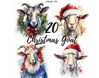 Christmas Goat PNG Clipart, 20 Watercolor Noel Goat Images, Merry Christmas Goats Clipart, Christmas Card Making, Commercial Use