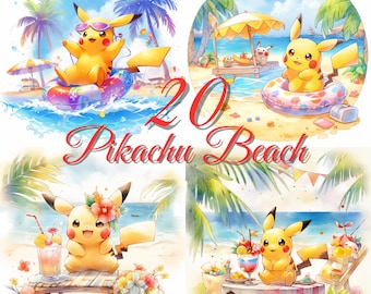 Pikachu Clipart: 20 PNG Beach Cartoon Images (Digital Download)