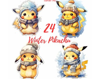 24 Winter Pikachu Clipart PNG Images: Holiday Card Making (Digital Download)
