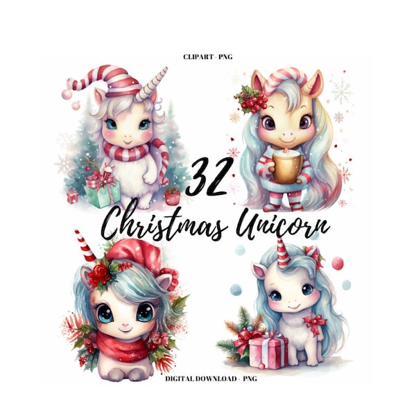 Christmas Unicorn PNG Clipart, 32 Watercolor Adorable Unicorn Images Bundle, Noel Christmas Unicorn, Digital Crafts, Cute Noel Illustrations