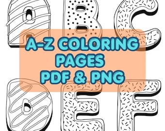 Alphabet Coloring Pages, Printable PDF PNG Bundle, Preschool Learning Worksheets, Kids Activity Sheets