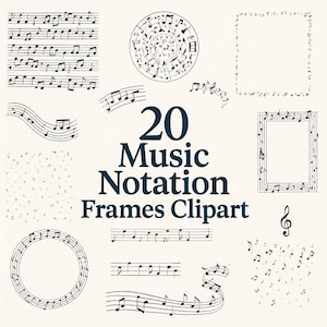 Puede incluir: Una colección de 20 imágenes prediseñadas de marcos de notación musical en negro sobre un fondo crema. Las imágenes prediseñadas incluyen notas musicales, pentagramas y marcos de varias formas, con el texto "20 Music Notation Frames Clipart".