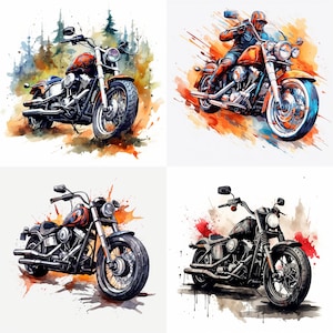 May include: Four watercolour illustrations of vintage motorcycles. Each motorcycle is a different colour and has a unique design. The motorcycles are set against a white background with splashes of watercolour paint.